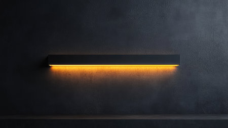 A modern minimalist wall lamp illuminating a sleek black surface.の素材