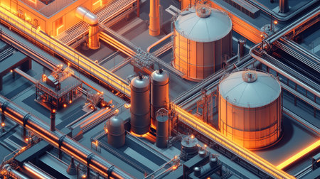A manufacturing plant with large gas storage tanks connected to a network of pipes.の素材