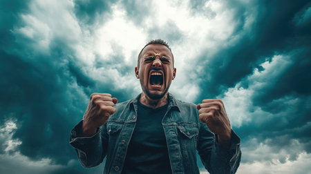 A man clenches his fists tightly and grits his teeth while standing in front of a dramatic stormy sky.の素材
