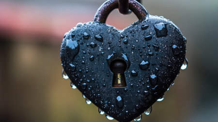 A heart-shaped padlock covered in raindrops, symbolizing love enduring through hardships.の素材