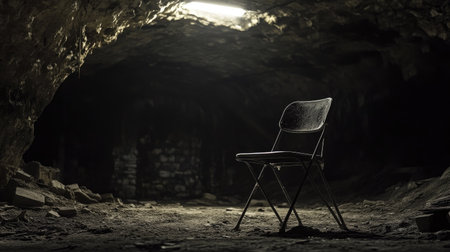 A metal folding chair in a dark underground tunnel, barely visible in the low light.の素材