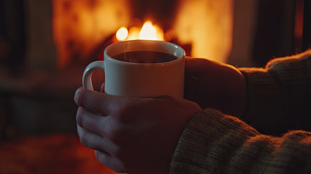 Comfortable hands wrapped around a white coffee mug, with a fireplace softly glowing in the backgroundの素材