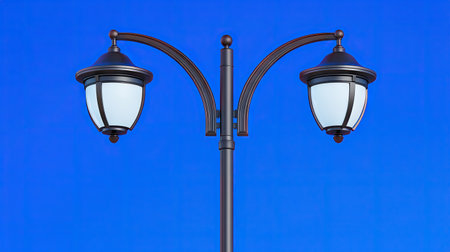 Double-headed street lamp with a curved design, standing out vividly against a bright blue backgroundの素材