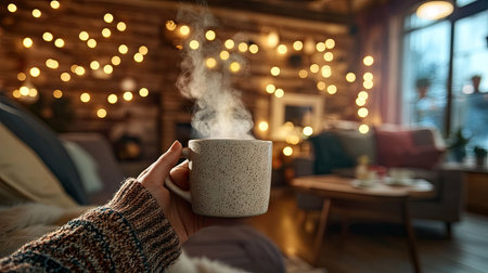 Comfortable female hands holding a mug of coffee, with steam rising against a blurred cozy interiorの素材