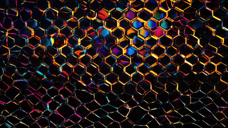 Dark metallic hexagonal pattern with vibrant, glowing lines weaving through the gridの素材