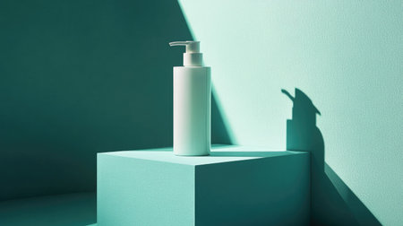 Crme lotion bottle presented on a geometric podium with soft shadows, showcasing its modern design and elegant packaging under studio lightingの素材