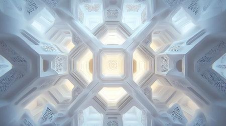 Complex hexagonal design with interlocking shapes, illuminated by soft, futuristic lightの素材