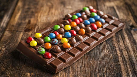 Delicious chocolate bar with a variety of colorful candy toppings, arranged on a rustic wooden table with soft natural lightの素材