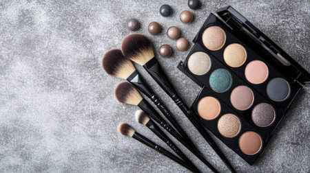 Flat lay of luxury eyeshadow palettes in neutral and metallic shades, surrounded by blending brushes on a soft grey backgroundの素材