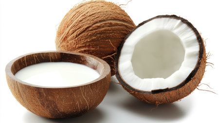 Creative shot of coconut halves and coconut milk in a small bowl on a white background, minimalistic and freshの素材