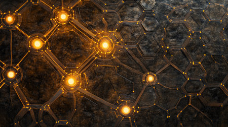 Dynamic hexagonal pattern with glowing circuit-like connections between the shapesの素材