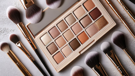 Flat lay of luxury eyeshadow palettes in neutral and metallic shades, surrounded by blending brushes on a soft grey backgroundの素材