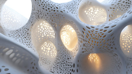 Complex hexagonal design with interlocking shapes, illuminated by soft, futuristic lightの素材