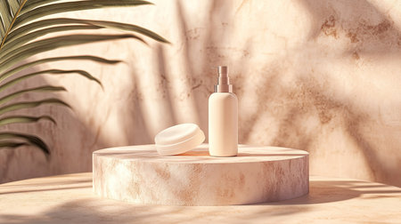 Cosmetic podium with crme lotion bottle in the spotlight, accented by delicate textures and soft, diffused lighting for an elegant mockupの素材