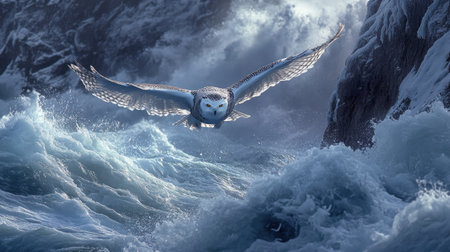 Dramatic shot of a snowy owl flying over a cliff edge, with crashing waves and snowy rocks belowの素材