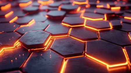 Digital hexagon grid interspersed with glowing nodes and subtle data flow animationsの素材