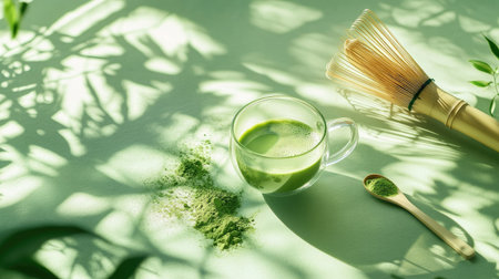 Glass cup of matcha green tea on a smooth green surface, surrounded by a few matcha powder spills and bamboo whisk, with natural lightの素材