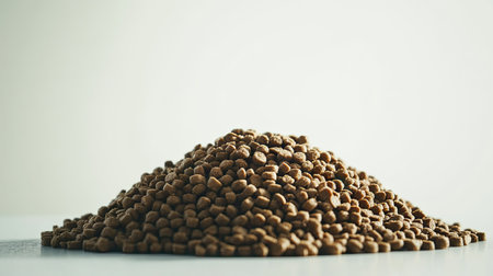 High-quality image of a heap of dry dog food pellets, isolated on a bright white surface for a clean and professional lookの素材