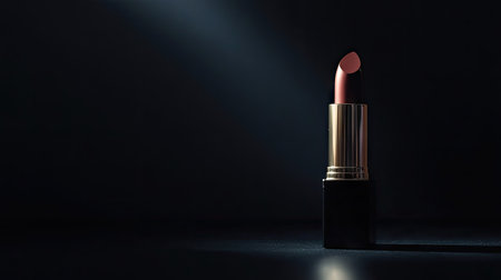 Dramatic shot of a lipstick tube leaning against a black surface, illuminated by a single focused lightの素材