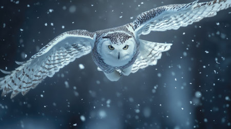 Dramatic shot of a snowy owl flying through a snowstorm, with flakes swirling around its elegant wingsの素材