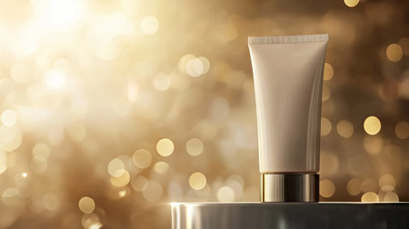 Crme lotion cosmetic bottle on a podium, surrounded by soft, glowing light that draws attention to the sleek design and elegance of the packagingの素材