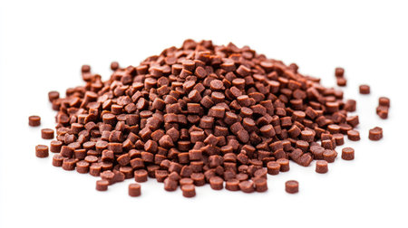 Dry dog food pellets arranged in a loose pile on a bright white background, emphasizing their rich brown colorの素材