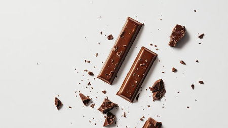 Delicious chocolate bar with a smooth ganache center, broken into pieces and scattered on a clean white backgroundの素材