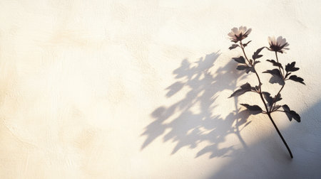 Delicate shadow of a flower on a white wall, created by the warm glow of the morning sunの素材