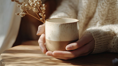 Female hands holding a ceramic coffee mug, resting on a wooden table with warm tones in the backgroundの素材