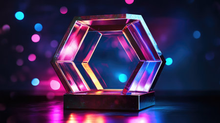 Geometric hexagonal structure with holographic light effects, symbolizing cutting-edge innovationの素材