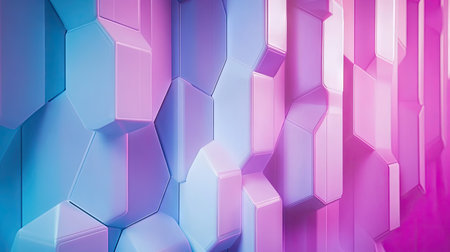 Hexagonal shapes in a gradient of cyan and magenta, arranged to create a futuristic, layered effectの素材