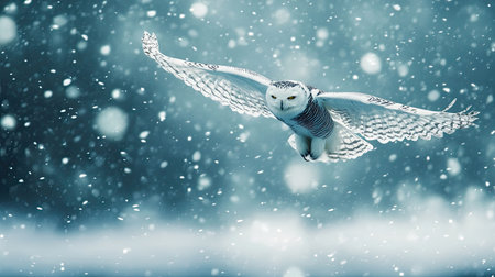 Dramatic shot of a snowy owl flying through a snowstorm, with flakes swirling around its elegant wingsの素材