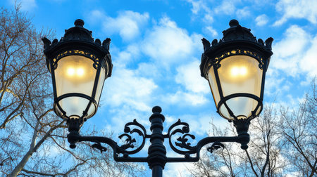 Dual-headed street lamp with energy-efficient LED lights photographed against a midday blue skyの素材