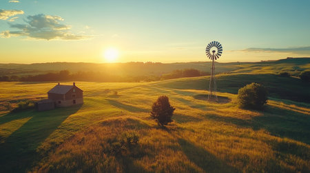 Golden hour shot of a historic windmill and a modern wind turbine, casting long shadows over a grassy meadowの素材