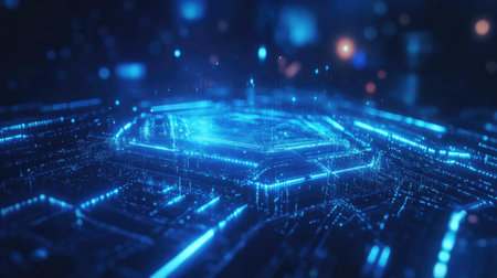 Futuristic hexagonal grid glowing with neon blue light on a dark background, creating a high-tech feelの素材