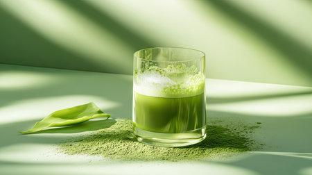 Glass of green matcha tea with a delicate layer of foam, placed on a smooth green surface with matcha powder sprinkled around the glassの素材