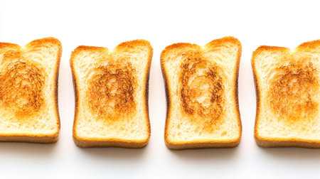 Freshly toasted bread slices aligned side by side on a seamless white background, highlighting their even browningの素材