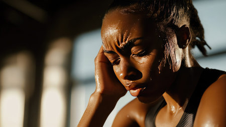 Focused female runner wiping sweat from her face while continuing her treadmill workoutの素材