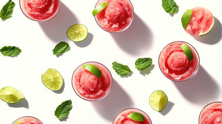 Frosted glasses of watermelon slushie garnished with lime wedges and mint on a sunny white backgroundの素材