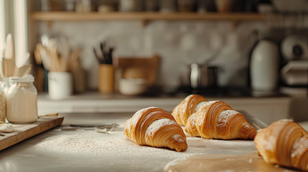 Golden croissants cooling on a countertop, with flour and baking tools visible in a charming bakery kitchenの素材