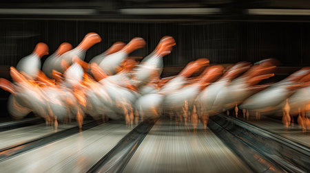 High-speed shot of pins being released by a pinsetter onto the lane, with motion blur for effectの素材