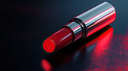 Elegant lipstick tube resting on a glossy black surface with soft red lighting, evoking a sophisticated moodの素材