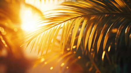 Golden sunset casting a warm glow through the leaves of palm trees on a tropical beachの素材