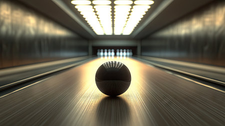 High-angle view of a bowling ball on the lane, with the track stretching ahead and the pins in clear focus at the endの素材
