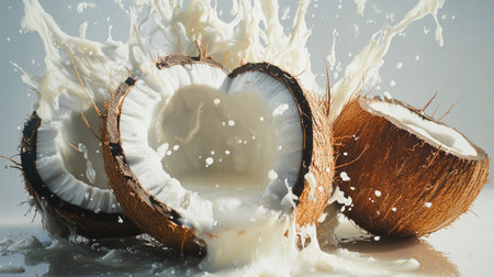 Fresh coconut halves with milk spilling out onto a white surface, evoking a tropical aestheticの素材