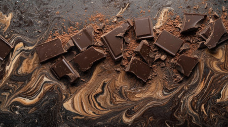 Indulgent chocolate bar pieces arranged artfully on a dark marble background, with swirls of chocolate sauce and cocoa dustの素材