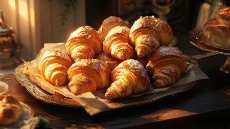 Freshly baked croissants stacked on a tray, glistening with a buttery sheen in a cozy bakery settingの素材