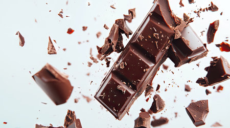 Delicious chocolate bar with a smooth ganache center, broken into pieces and scattered on a clean white backgroundの素材