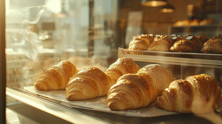 Fresh croissants displayed in a glass bakery case, with sunlight streaming through the window in a cozy shopの素材