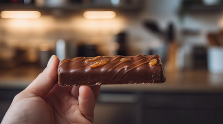 Hand holding a freshly unwrapped chocolate bar with smooth texture and visible caramel, placed on a cozy kitchen counterの素材